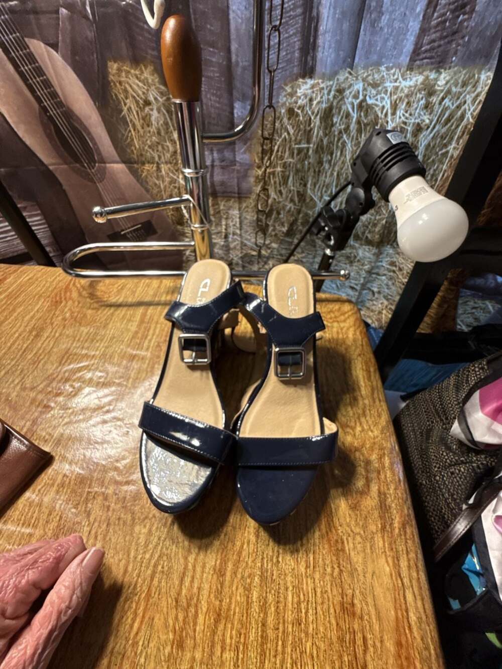 CL by Chinese Laundry Navy Patent T-Strap Wedge Sandals with Tropical Print